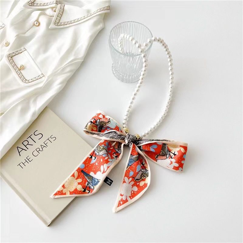 Fashion Imitation Pearl Beaded Chain Long Ribbon Bow Necklace Short Neck Jewelry
