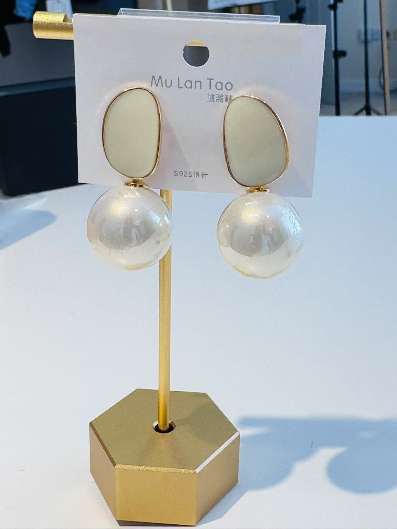 Sterling Silver Geometric Pearl Dangle Earrings