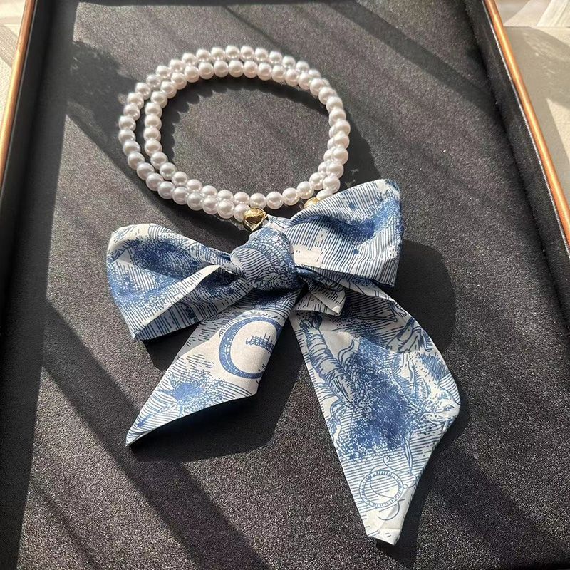 Fashion Imitation Pearl Beaded Chain Long Ribbon Bow Necklace Short Neck Jewelry
