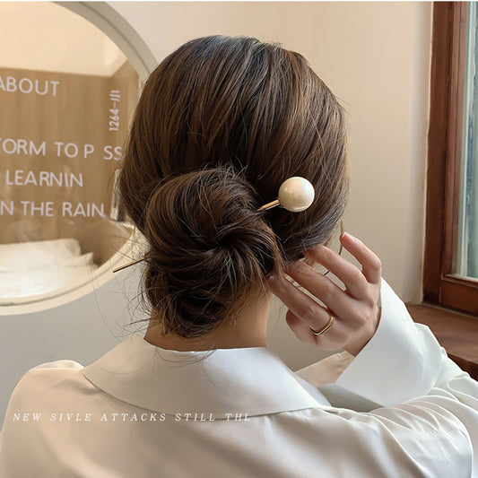 1pc Vintage metal pearl one word hairpin hairpin simple modern daily hair plate versatile pill head hairpin female