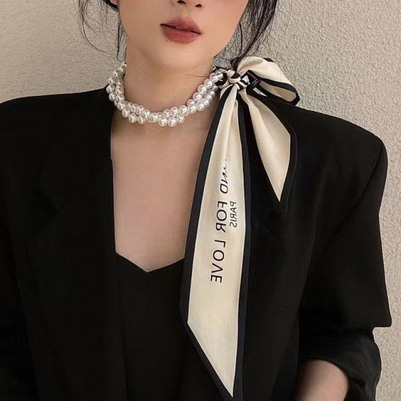 Fashion Imitation Pearl Beaded Chain Long Ribbon Bow Necklace Short Neck Jewelry