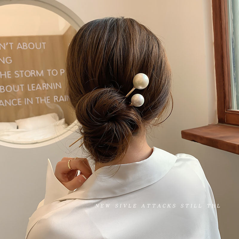 1pc Vintage metal pearl one word hairpin hairpin simple modern daily hair plate versatile pill head hairpin female