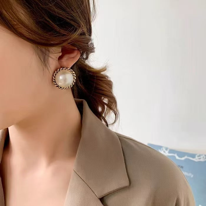 Round Pearl Stud Earrings - 925 Sterling Silver