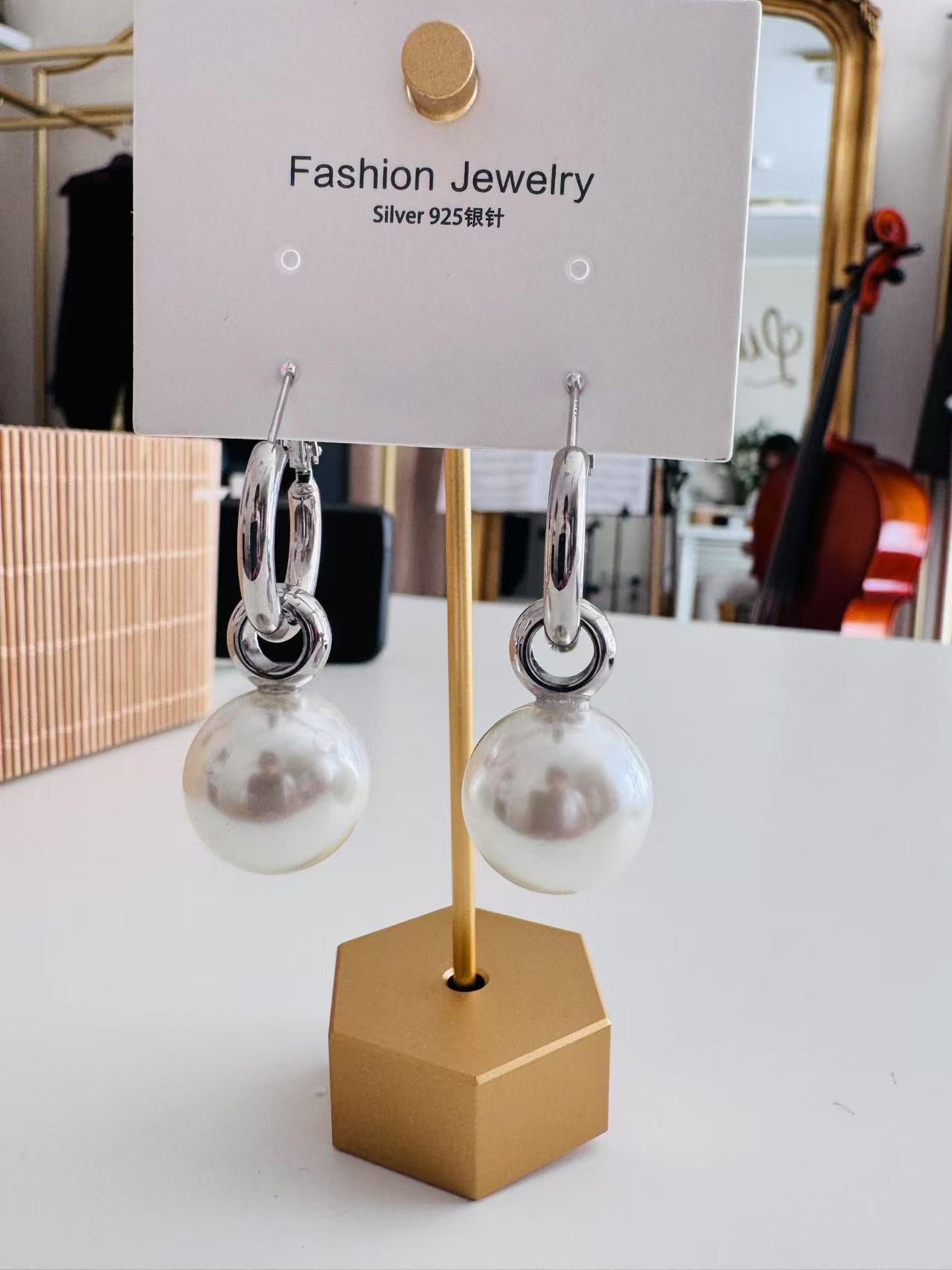 Sterling Silver Geometric Pearl Dangle Earrings